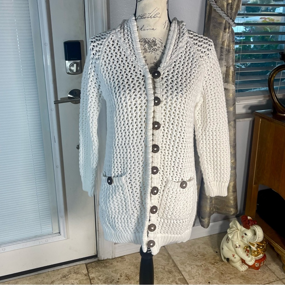 Pure Hand Knit Bulky Cableknit Nautical Big Button Hoodie Cardigan Sweater Sz L